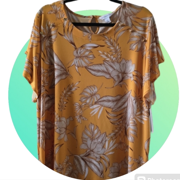 LIZ CLAIBORNE WOMEN'S PLUS SIZE GOLD TROPICAL SHORT SLEEVES SUMMER TOP SIZE 2X - Picture 2 of 16